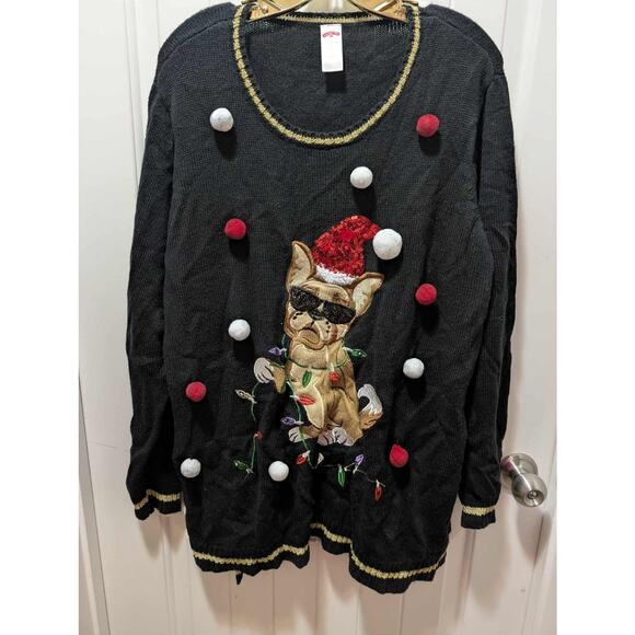 Holiday Time Women's 3X Black Ugly Christmas Sweater Bulldog Holiday Festive - Picture 2 of 7